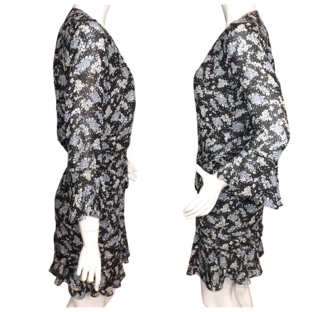 VERONICA BEARD Silk Dress, 6, Black/Floral, Semi-sheer, Mini/Short, 3/4 sleeves - Picture 7 of 15